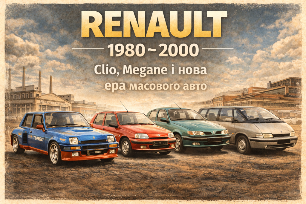 Автомобілі Renault 5 Turbo, Clio, Megane та Espace на фоні міста у 1980–2000 роках