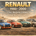Автомобілі Renault 5 Turbo, Clio, Megane та Espace на фоні міста у 1980–2000 роках