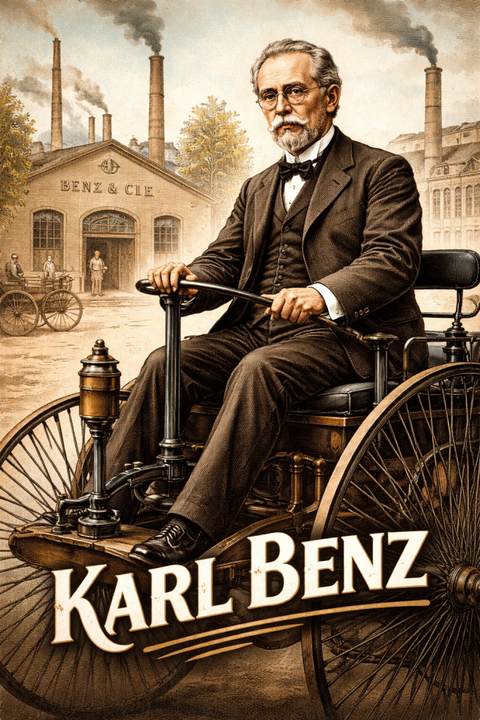 Karl Benz на Benz Patent-Motorwagen біля заводу Benz & Cie