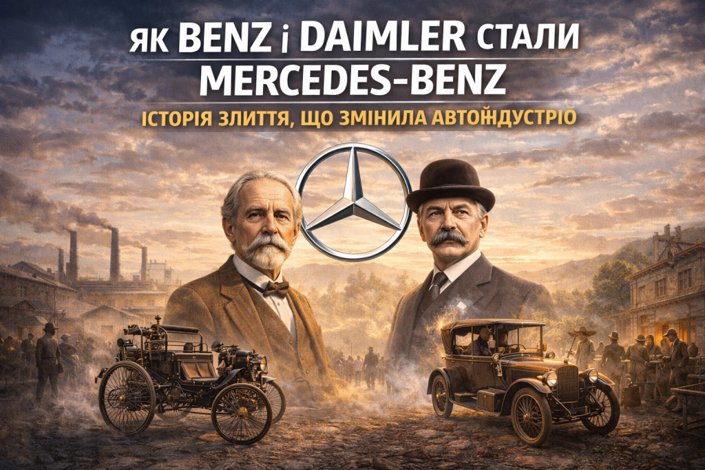 Karl Benz і Gottlieb Daimler на тлі перших автомобілів та логотипу Mercedes-Benz