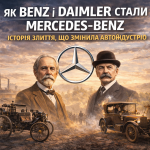 Karl Benz і Gottlieb Daimler на тлі перших автомобілів та логотипу Mercedes-Benz
