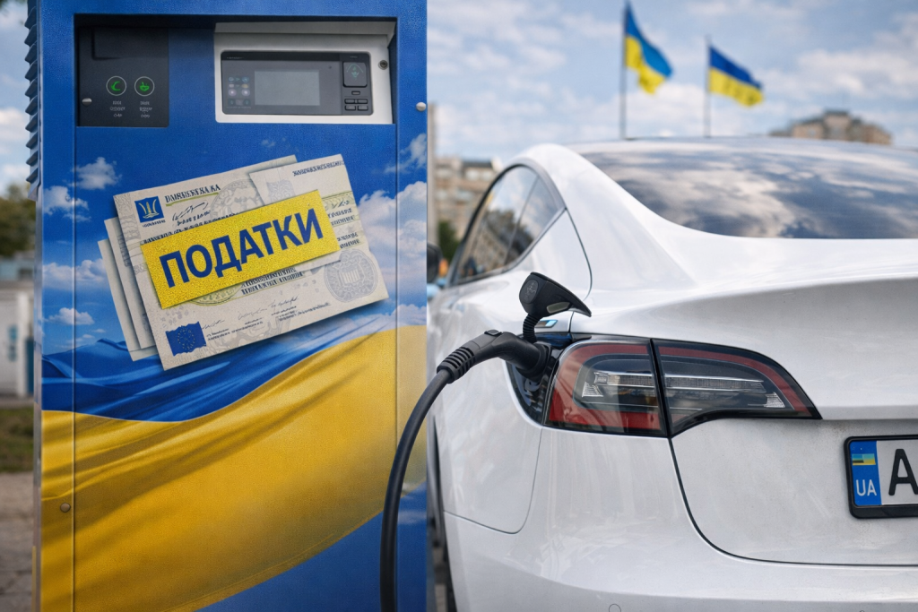 Електромобіль на зарядній станції в Україні з позначенням податків