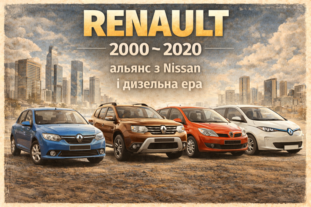 Автомобілі Renault Logan, Duster, Scenic та електромобіль Zoe на фоні сучасного міста у 2000–2020 роках