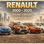 Автомобілі Renault Logan, Duster, Scenic та електромобіль Zoe на фоні сучасного міста у 2000–2020 роках