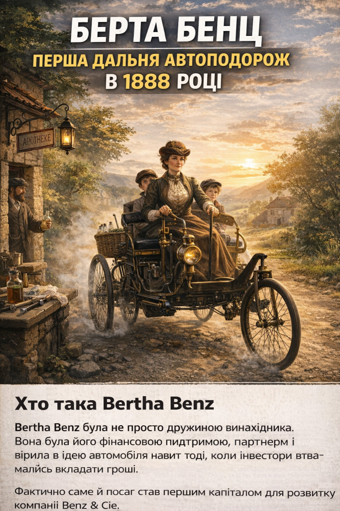 Берта Бенц за кермом Benz Patent-Motorwagen під час першої далекої автоподорожі 1888 року