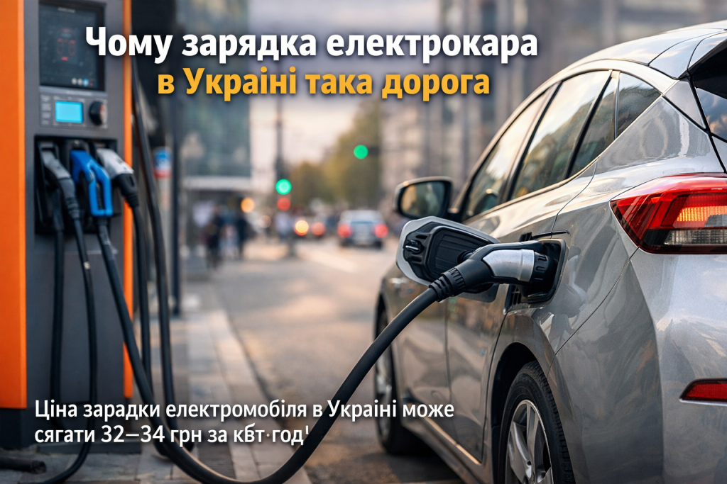 Електромобіль під час зарядки на міській зарядній станції в Україні