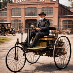 Karl Benz на Benz Patent-Motorwagen біля заводу Benz & Cie — початок автомобільного бренду Benz
