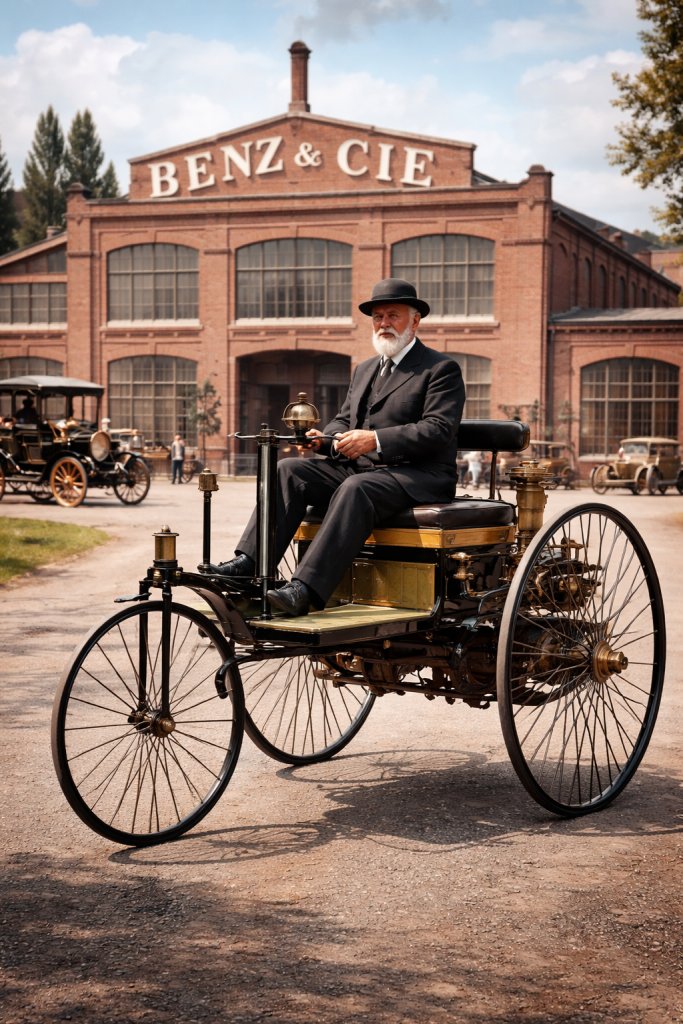 Karl Benz на Benz Patent-Motorwagen біля заводу Benz & Cie — початок автомобільного бренду Benz