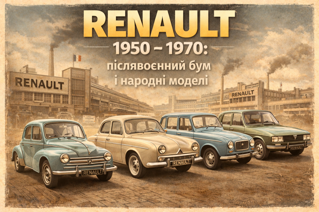 Післявоєнні автомобілі Renault 4CV, Dauphine, Renault 4 та Renault 16 біля заводу Renault у 1950–1970 роках