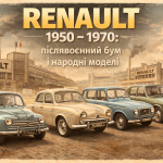 Післявоєнні автомобілі Renault 4CV, Dauphine, Renault 4 та Renault 16 біля заводу Renault у 1950–1970 роках