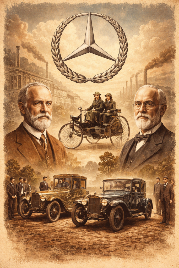 Karl Benz і Gottlieb Daimler на тлі перших автомобілів Mercedes та Benz Patent-Motorwagen