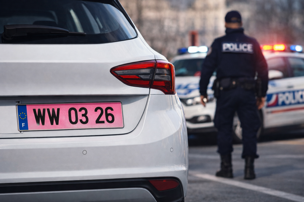 Рожевий тимчасовий номерний знак WW на французькому автомобілі з датою дії у 2026 році