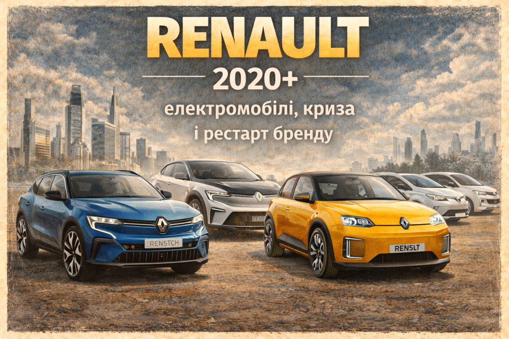 Електромобілі Renault Megane E-Tech, Scenic Vision та новий Renault 5 у 2020-х роках на фоні міста