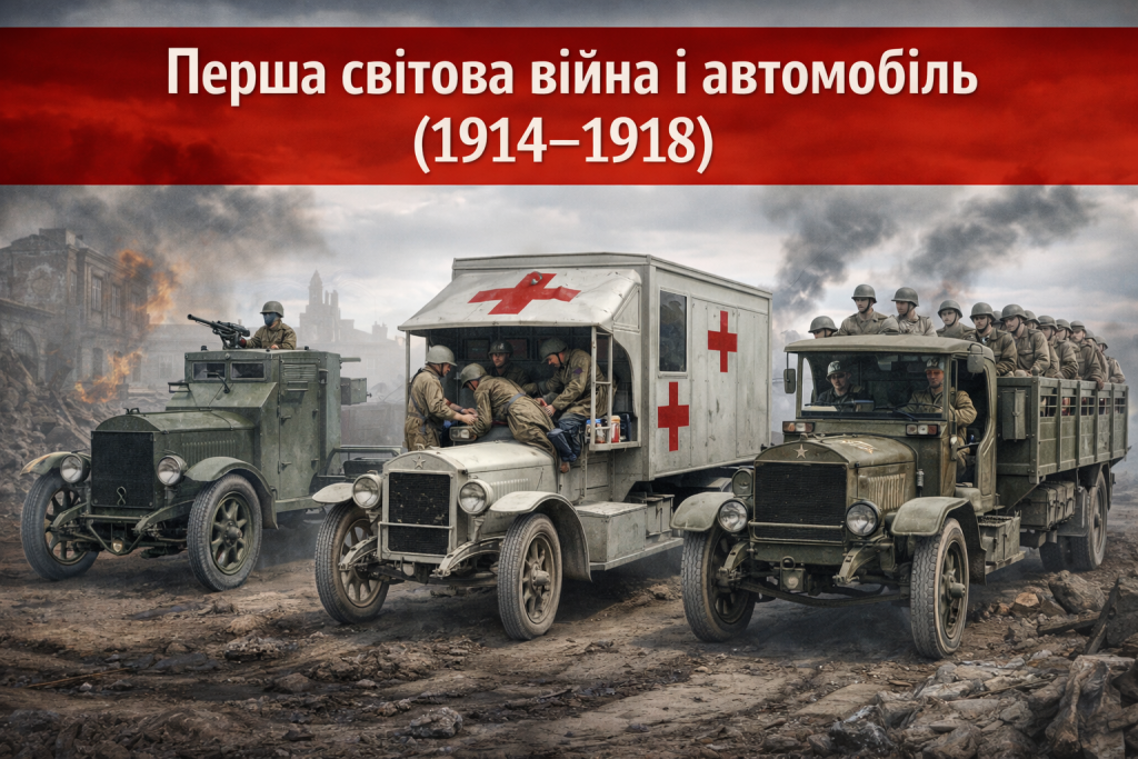 Військові автомобілі Першої світової війни 1914–1918 — санітарна машина, бронеавтомобіль і вантажівка