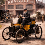 Луї Рено на першому автомобілі Renault біля заводу Renault Frères у Франції