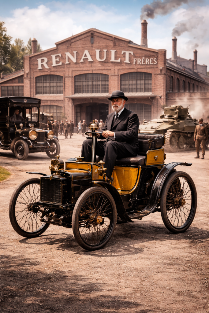 Луї Рено на першому автомобілі Renault біля заводу Renault Frères у Франції