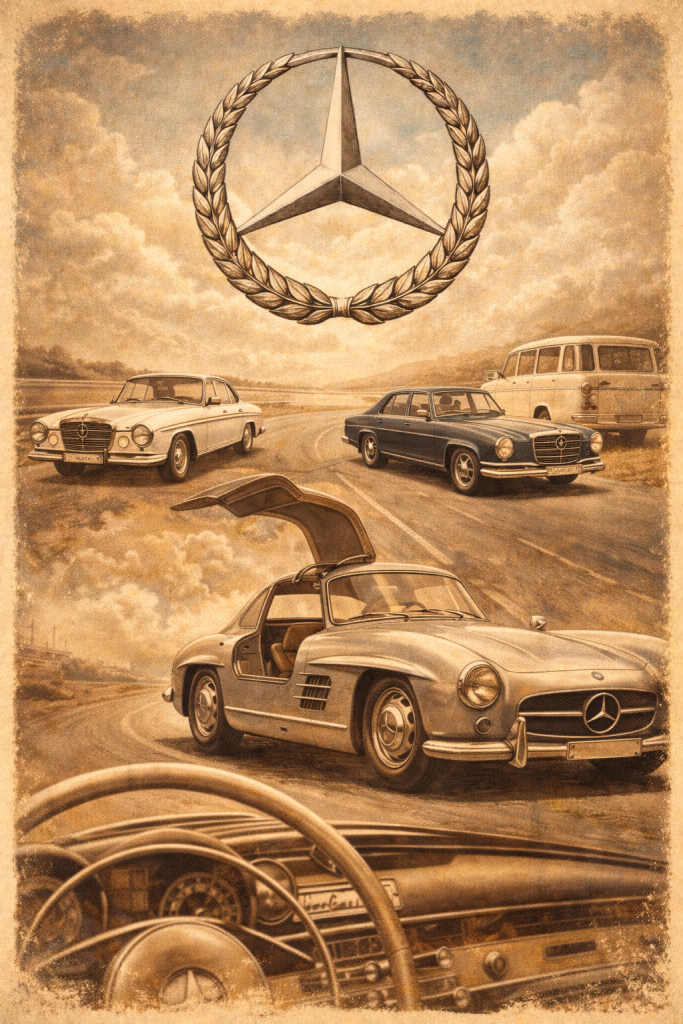 Класичні моделі Mercedes-Benz 1950–1970 років, включно з 300 SL Gullwing та представницькими седанами