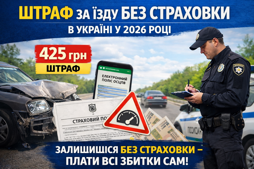 Штраф за їзду без страховки в Україні — поліцейський перевіряє документи водія і страховий поліс ОСЦПВ у 2026 році