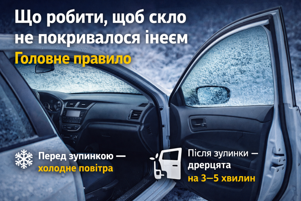 Відчинені дверцята автомобіля та лобове скло в інеї взимку