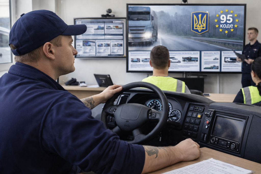 Професійні водії вантажівок проходять навчання у тренувальному центрі відповідно до нових правил в Україні