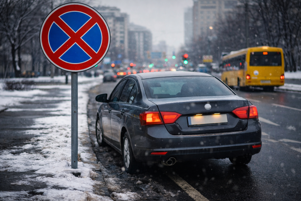 Автомобіль припаркований під знаком зупинка заборонена на зимовій вулиці міста України