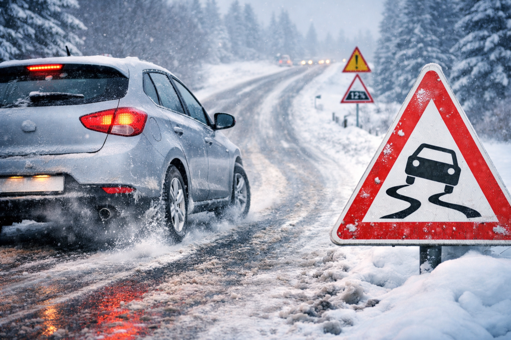 Автомобіль буксує і рушає під гору на ожеледиці взимку на слизькій засніженій дорозі