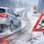 Автомобіль буксує і рушає під гору на ожеледиці взимку на слизькій засніженій дорозі