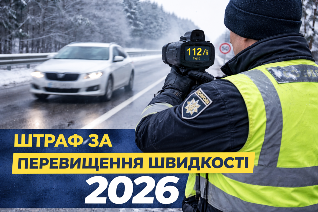 Поліцейський вимірює швидкість автомобіля радаром на зимовій дорозі в Україні