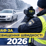 Поліцейський вимірює швидкість автомобіля радаром на зимовій дорозі в Україні