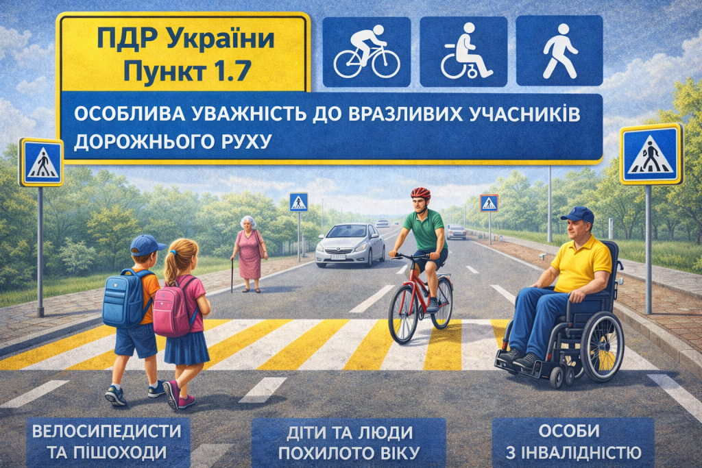 ПДР пункт 1.7 — водій знижує швидкість перед пішохідним переходом поруч рухаються велосипедист діти літня людина та особа у кріслі колісному