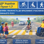 ПДР пункт 1.7 — водій знижує швидкість перед пішохідним переходом поруч рухаються велосипедист діти літня людина та особа у кріслі колісному