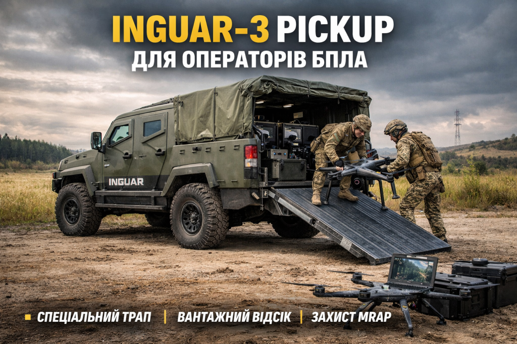 Inguar-3 у версії пікап для операторів БпЛА з вантажним відсіком і трапом для завантаження дронів