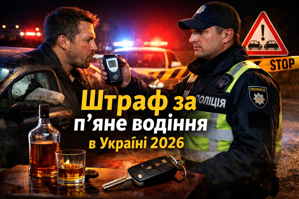 Штраф за п’яне водіння в Україні 2026 поліцейський перевіряє водія алкотестером на дорозі