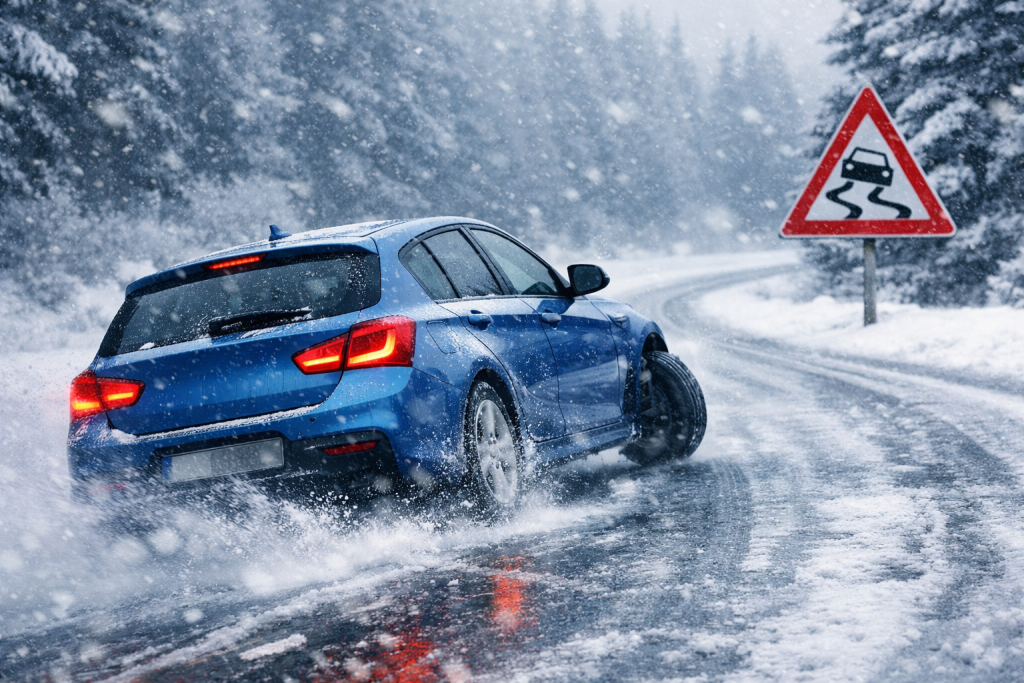 Автомобіль у заносі на ожеледиці взимку на слизькій дорозі