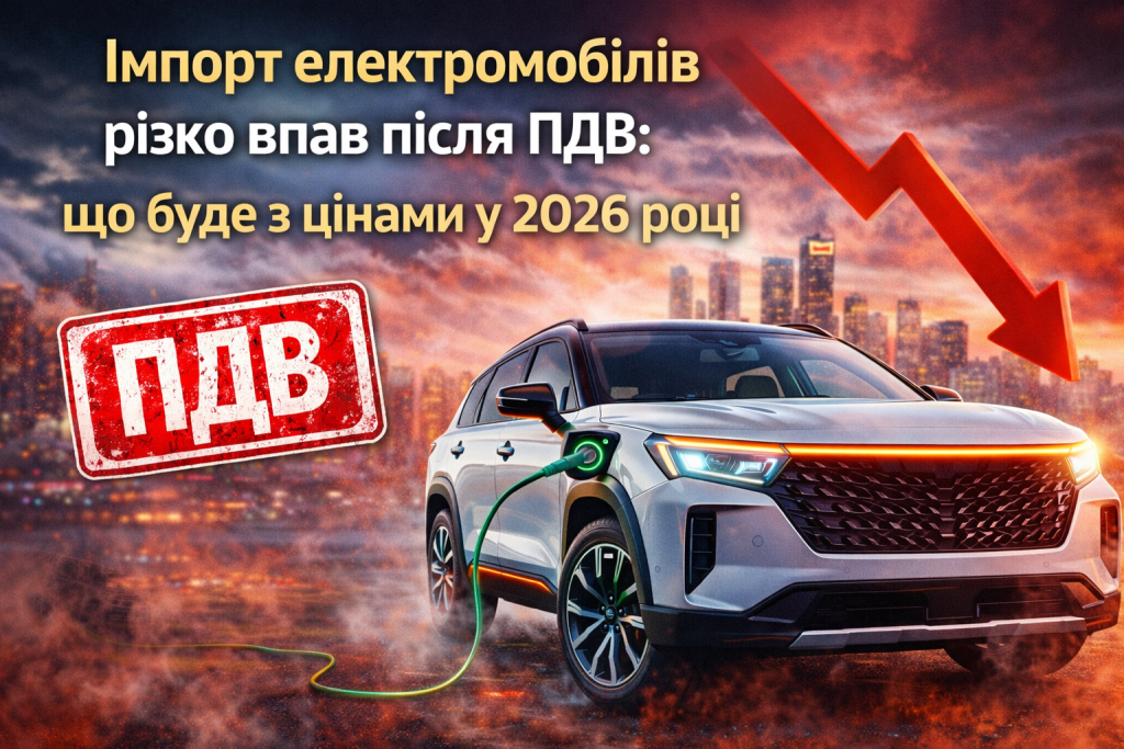 Імпорт електромобілів різко впав після введення ПДВ у 2026 році — електричний SUV на фоні червоної стрілки падіння