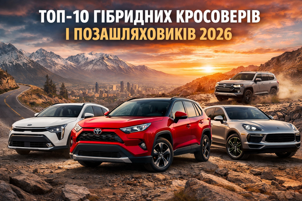 Гібридні кросовери та позашляховики 2026 року на гірській дорозі на фоні міста