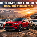 Гібридні кросовери та позашляховики 2026 року на гірській дорозі на фоні міста