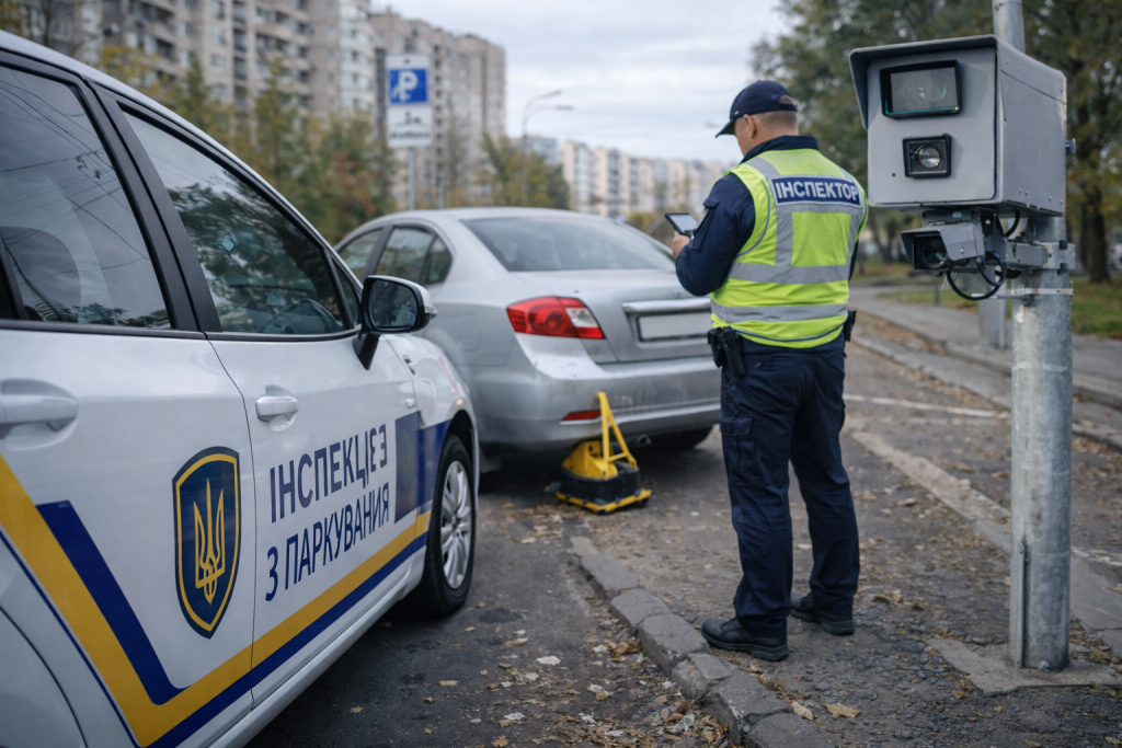 Інспектор з паркування фіксує порушення правил стоянки автомобіля на тротуарі в Україні