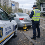 Інспектор з паркування фіксує порушення правил стоянки автомобіля на тротуарі в Україні