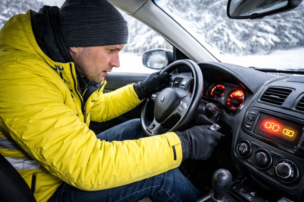 Водій намагається завести автомобіль взимку, двигун крутить але не запускається