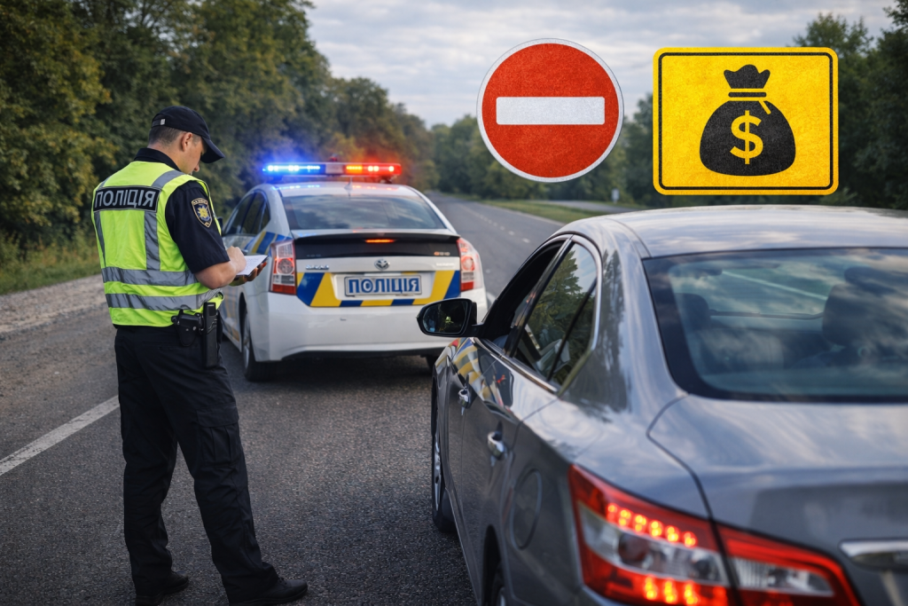 ПДР пункт 1.9 — поліцейський оформлює штраф водієві на узбіччі дороги поруч стоїть патрульний автомобіль з проблисковими маячками