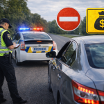 ПДР пункт 1.9 — поліцейський оформлює штраф водієві на узбіччі дороги поруч стоїть патрульний автомобіль з проблисковими маячками