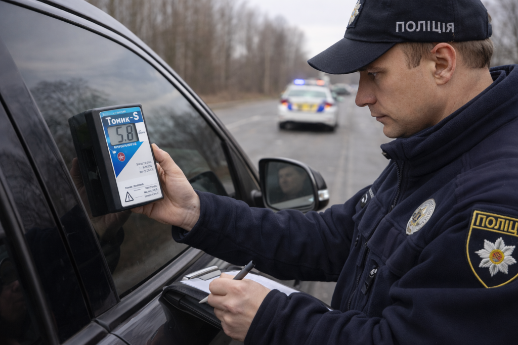 Поліцейський вимірює рівень тонування скла автомобіля спеціальним приладом під час перевірки в Україні