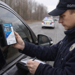 Поліцейський вимірює рівень тонування скла автомобіля спеціальним приладом під час перевірки в Україні