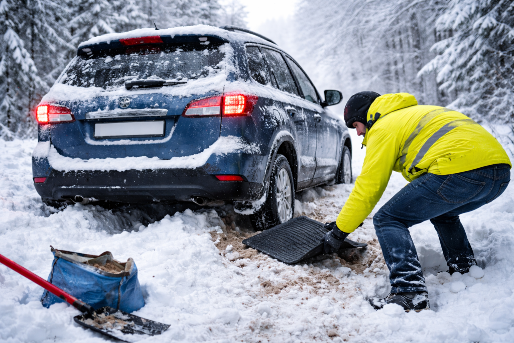 Автомобіль застряг у глибокому снігу взимку, водій підкладає килимок під колесо для виїзду