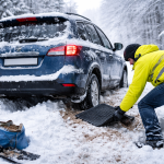 Автомобіль застряг у глибокому снігу взимку, водій підкладає килимок під колесо для виїзду