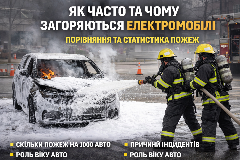 Пожежники гасять електромобіль під час пожежі для дослідження безпеки електротранспорту