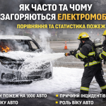 Пожежники гасять електромобіль під час пожежі для дослідження безпеки електротранспорту