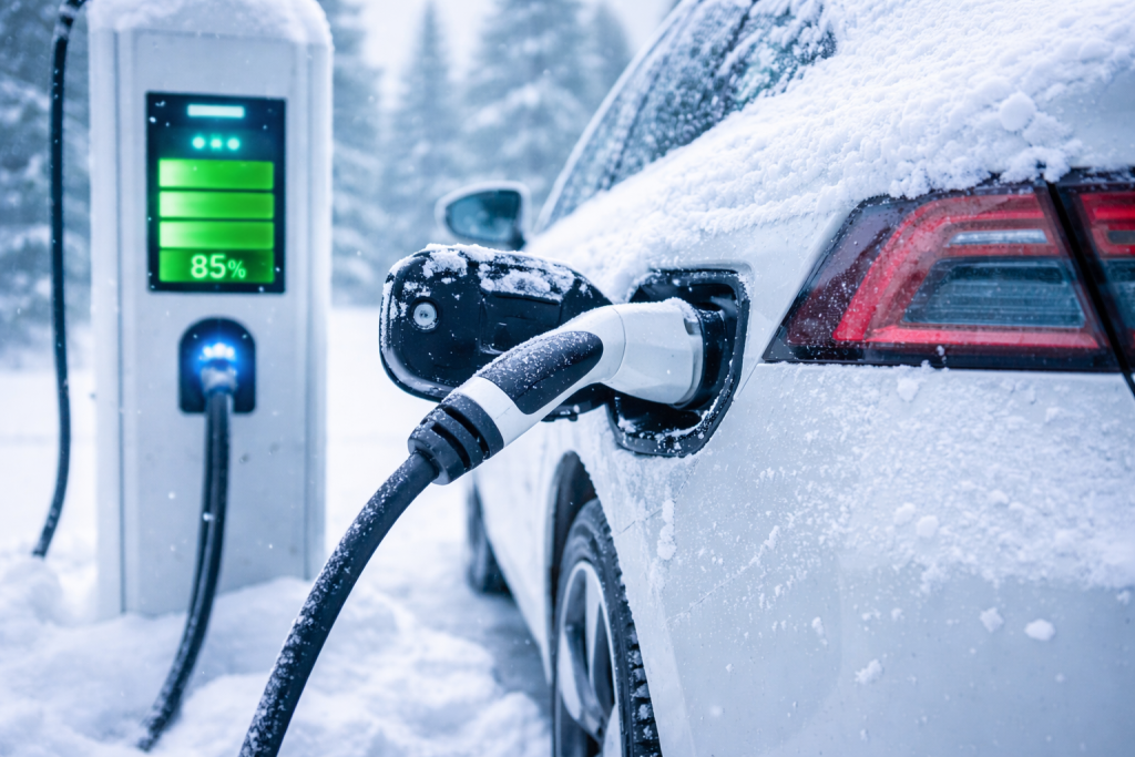 Зарядка електромобіля взимку на зарядній станції в мороз