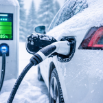 Зарядка електромобіля взимку на зарядній станції в мороз